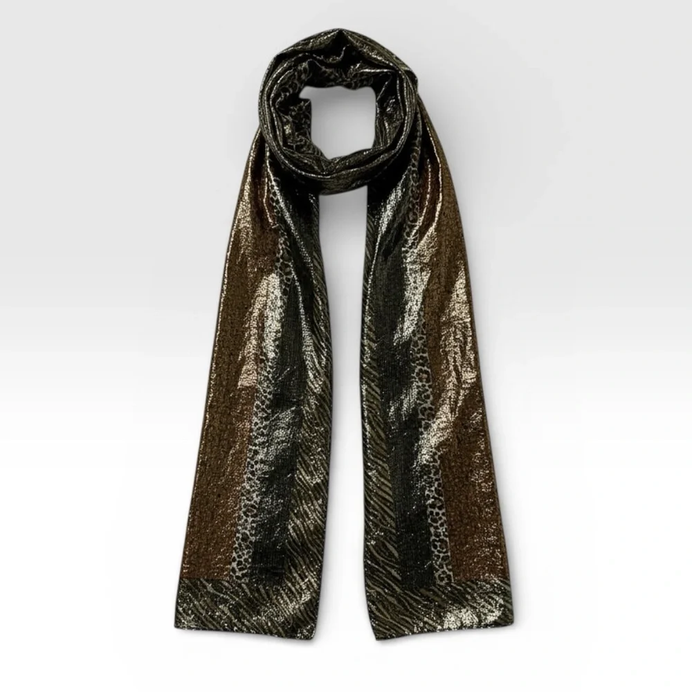 VTG 90s Amanda Smith Metallic Animal Print Scarf Gold Fringe Tuxedo